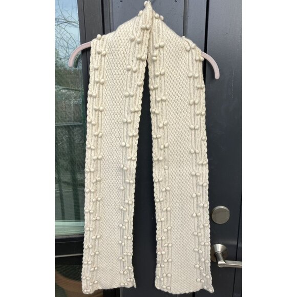 Accessories - Women's Vintage Ivory Cream 100% Cashmere Fisherman Scarf Pom Poms Cable Knit